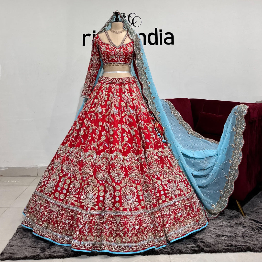 fitted lace wedding dress RED & TIFFANY BLUE BRIDAL LEHENGA – Ricco India