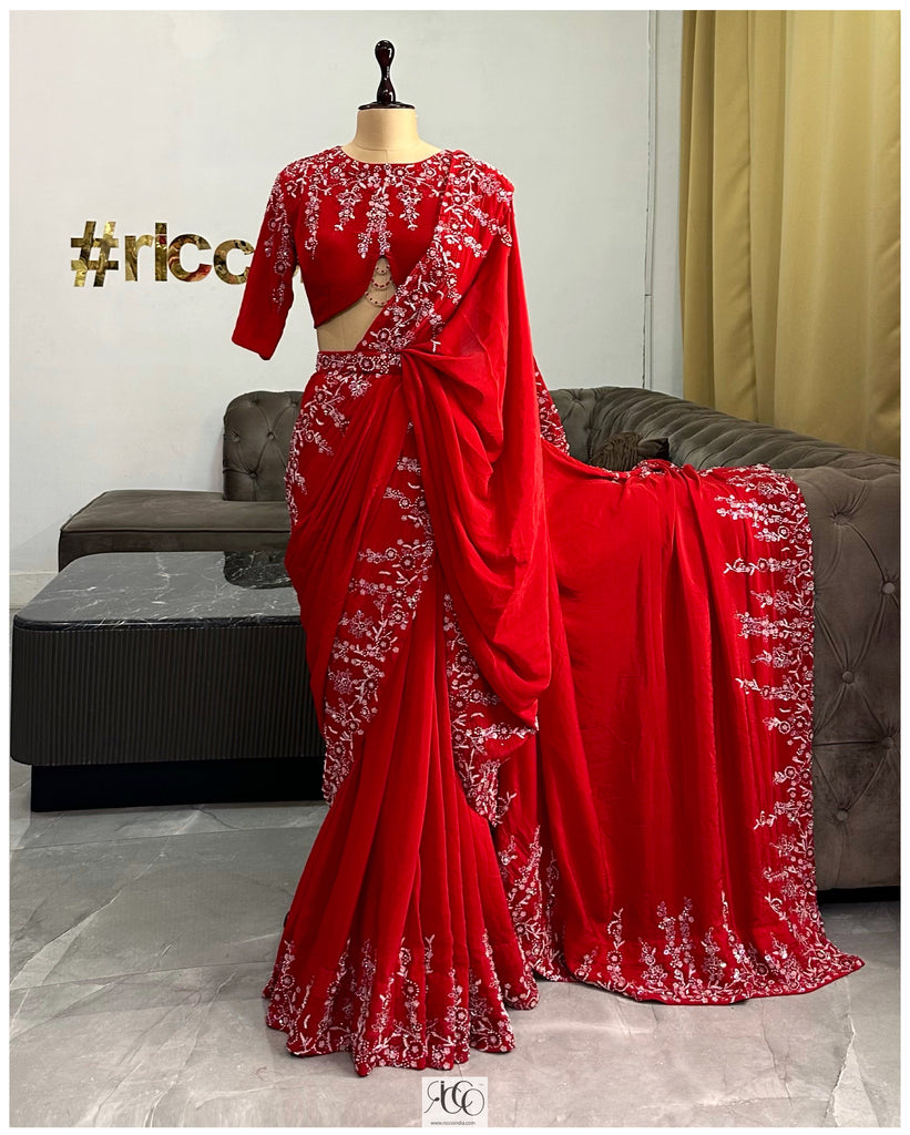 Red crepe saree with peach blouse – Ricco India