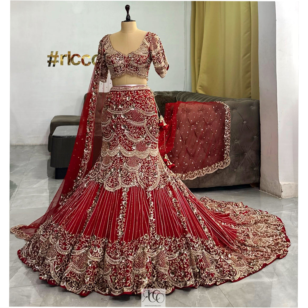 RED MERMAID LEHENGA WITH VEIL Ricco India
