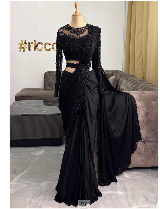 BLACK STICHED SAREE WITH BEADING CORSET