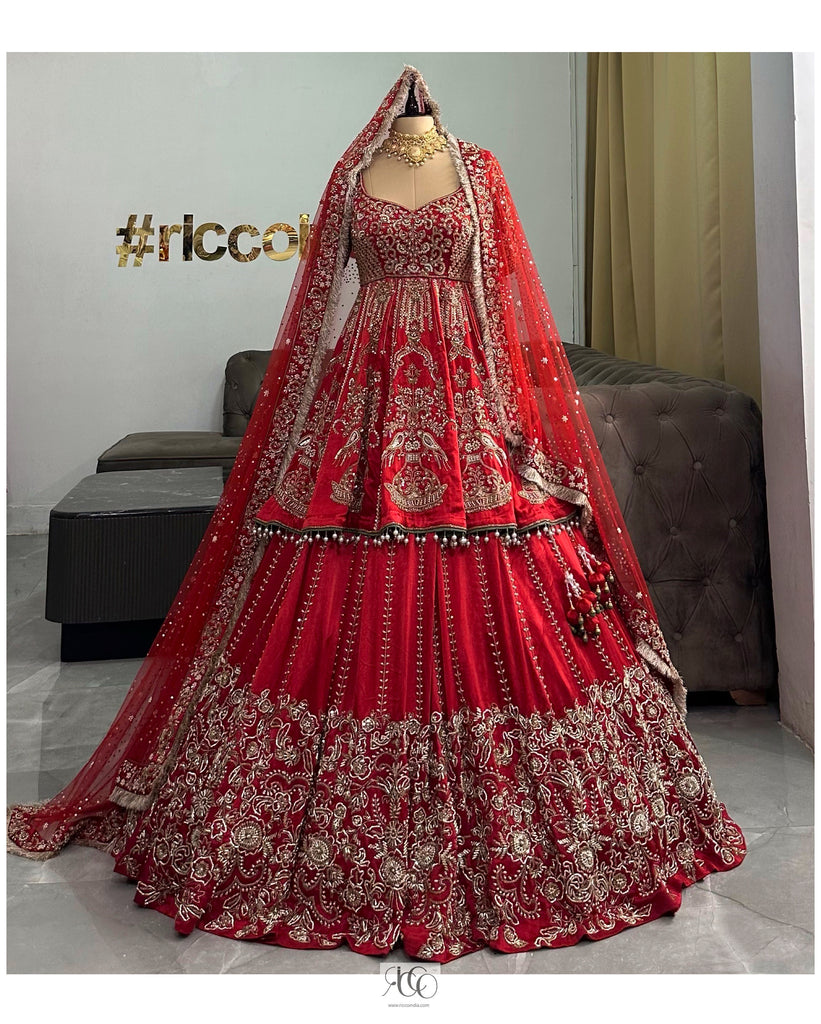 RED LONG CHOLI PEPLUM BRIDAL LEHENGA - Main Image