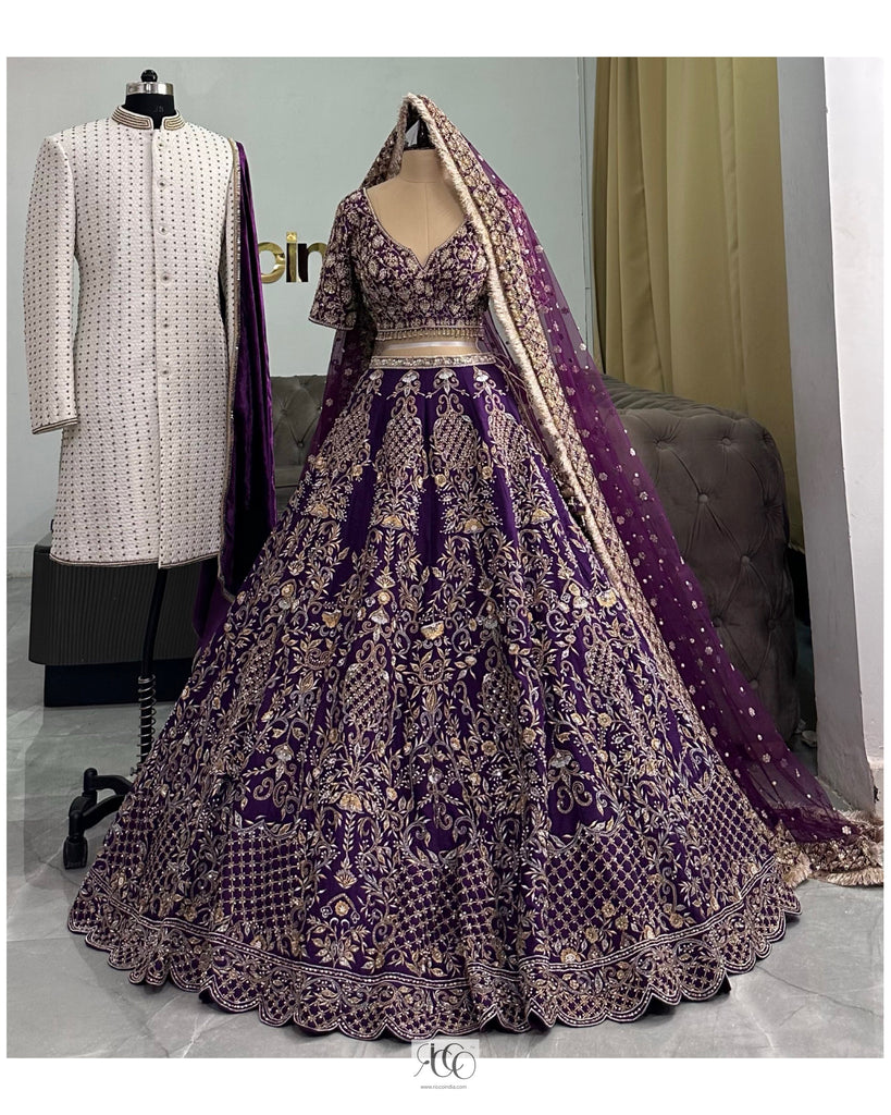 purple lehenga matching groom dress 22 Matching Lehenga & Sherwani for Indian Brides & Grooms