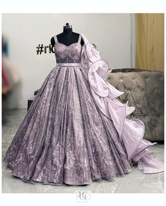 MAUVE BALL GOWN WITH FRILL DUPATTA