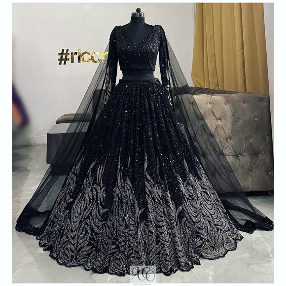 BLACK & SILVER OMBRE EMBROIDERED LEHENGA WITH CAPES