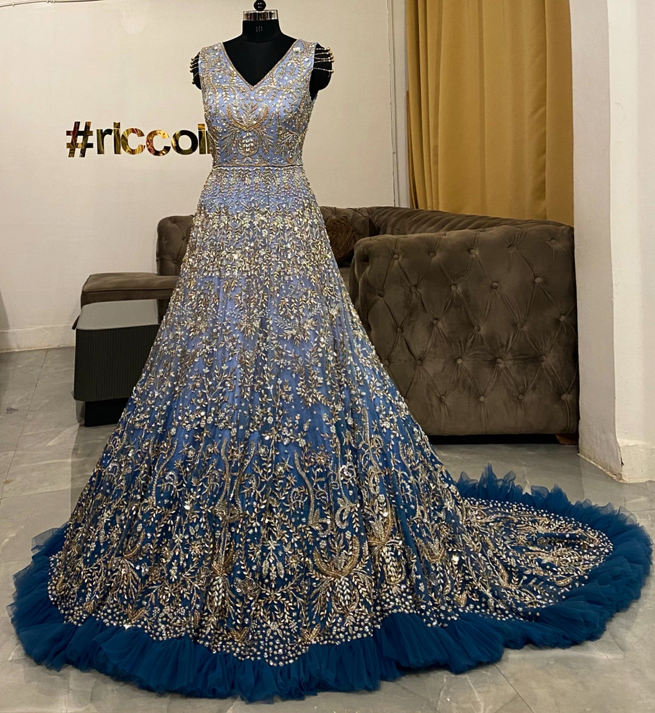 Blue ombre train gown Ricco India