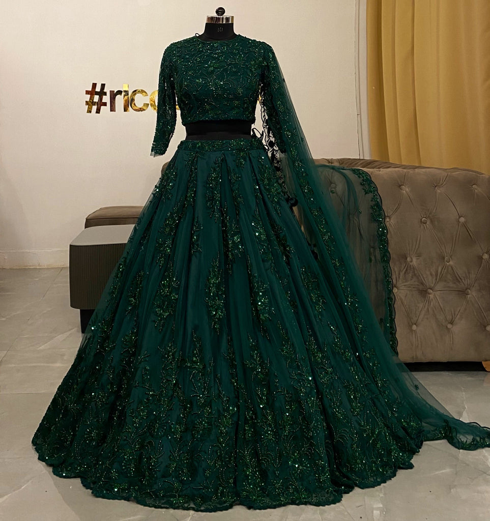 slim fit dress slacks Traditional Emerald Green Bridal Wedding Lehenga Set [product_title] |  OORVI DESAI