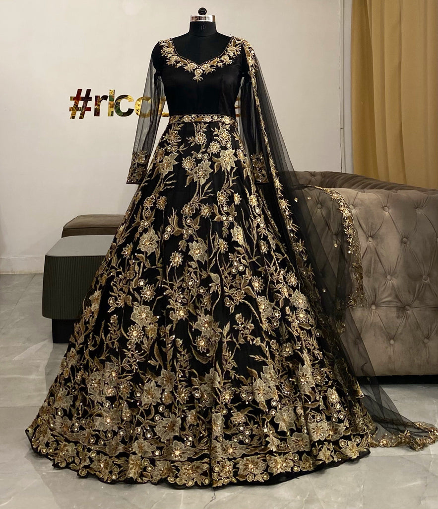 Black gown with champagne gold beading Ricco India