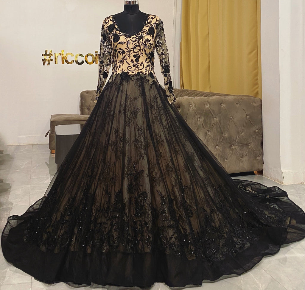 Beige & black French lace embroidery gown Ricco India Beige & black French lace embroidery gown Ricco India