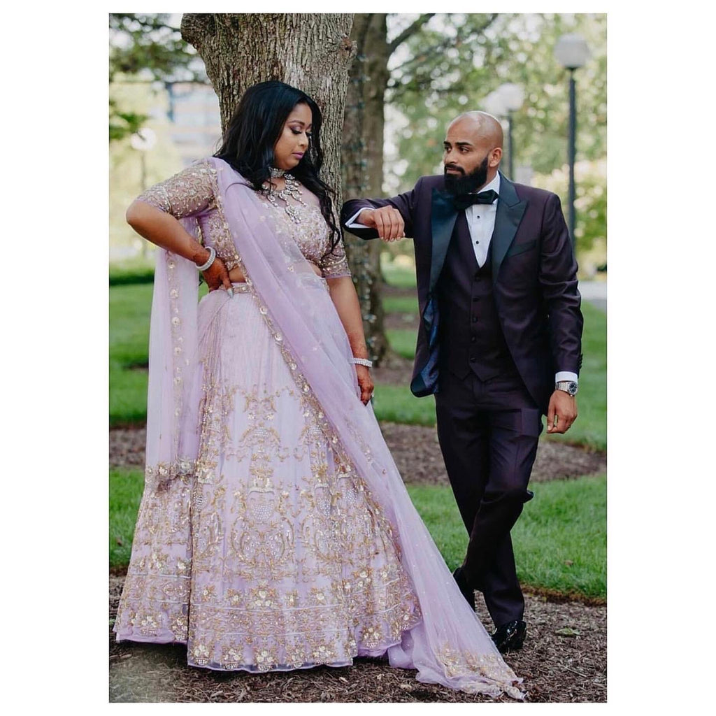purple lehenga matching groom dress Couple's Coordinated Wedding Outfit
