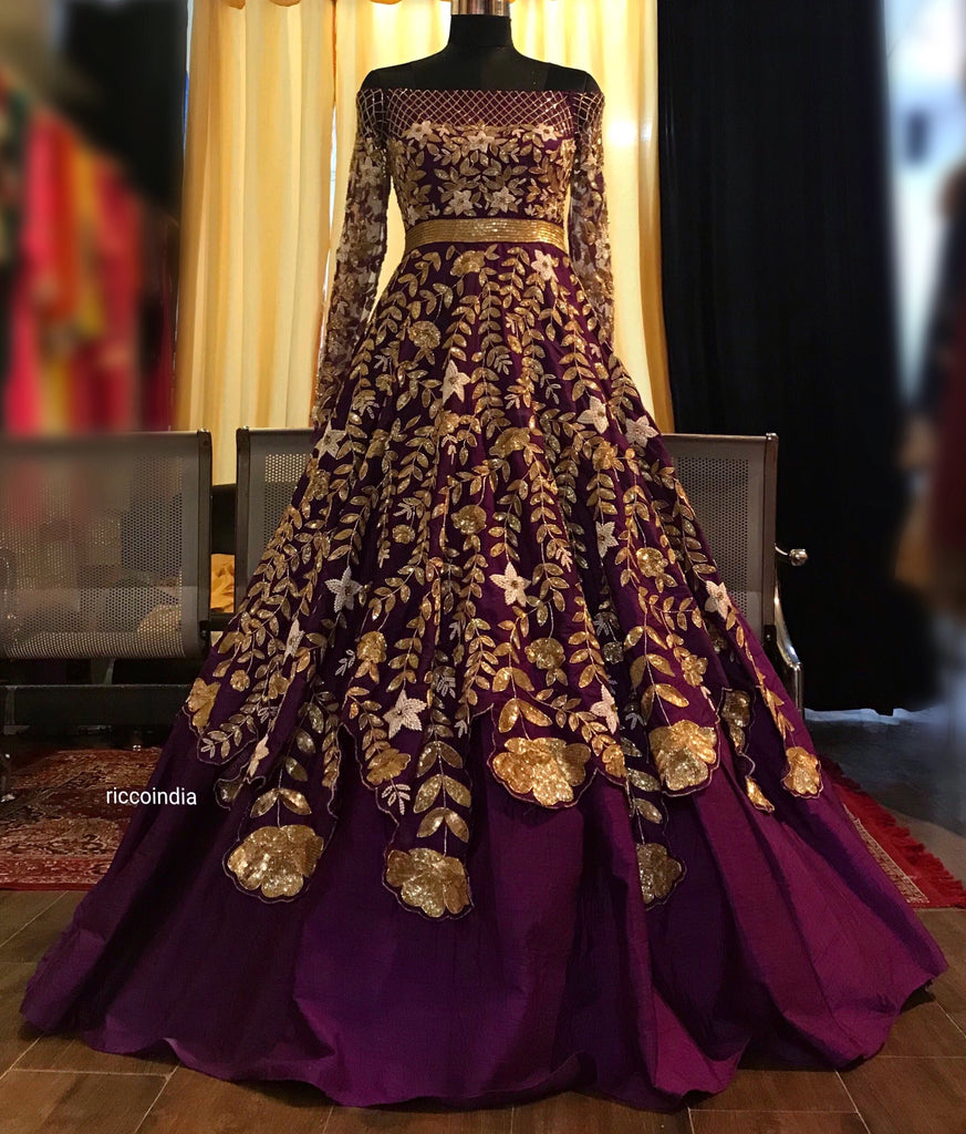 Purple layered cocktail gown Ricco India