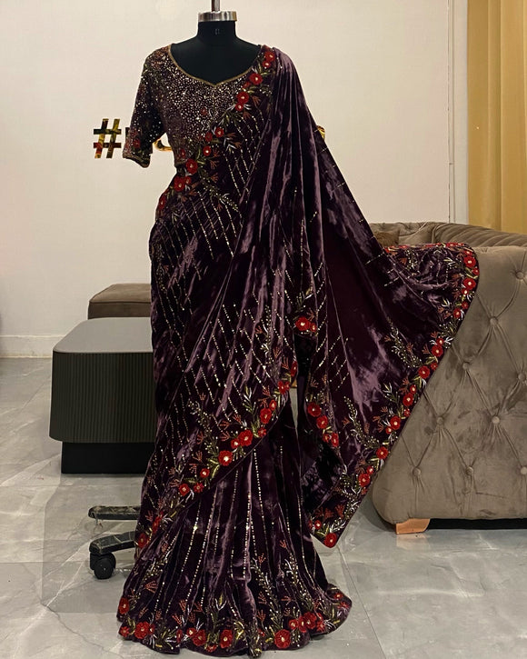 Dark wine velvet embroidered saree