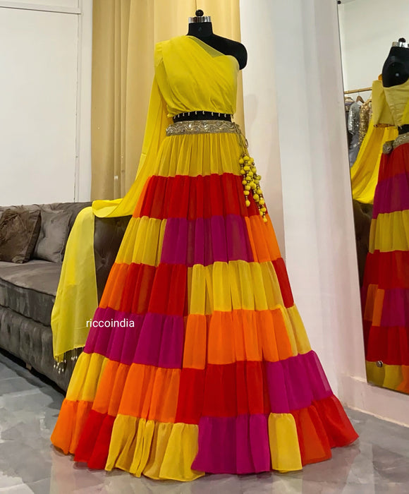 Colorful layered Lehenga with cape top