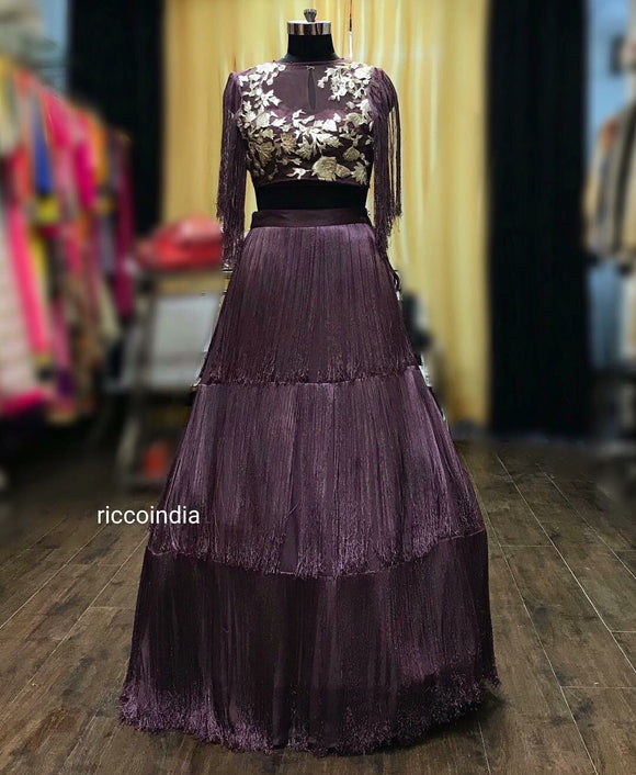 Fringe layered mauve skirt with leather embroidery top and fringe sleeve