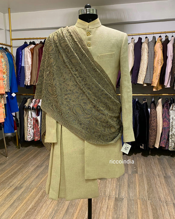 Draped sherwani with Kashmiri shawl