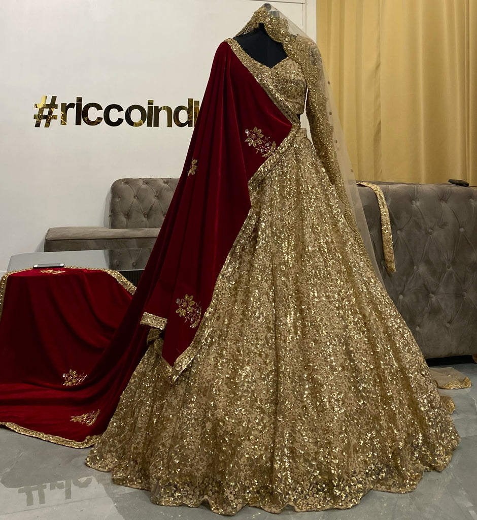 Gold bridal Lehenga with red shawl – Ricco India