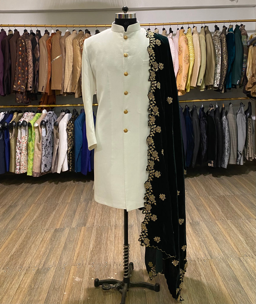White Sherwani with green velvet shawl â Ricco India