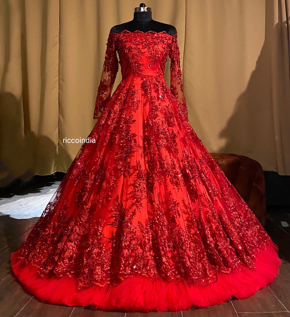 Red layered structured gown with red beadwork Ricco India Red layered structured gown with red beadwork Ricco India