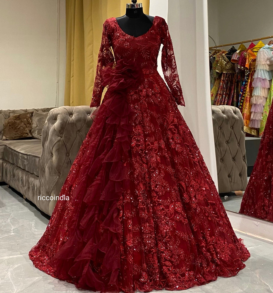 Red cocktail gown with 3D flower – Ricco India