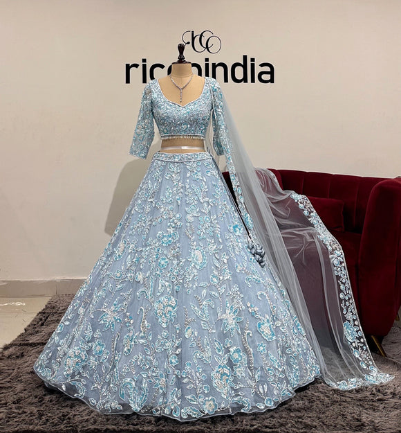 blue and white lehenga dress Ivory & Blue Floral Printed Lehenga Set 00 / Short