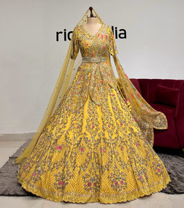 MUSTARD LEHENGA WITH WING SHAPED DRAPE