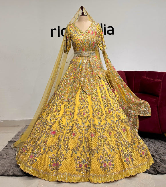MUSTARD LEHENGA WITH WING SHAPED DRAPE