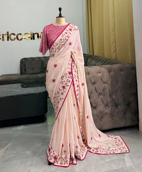 Peach saree with silver and hot pink beadwork