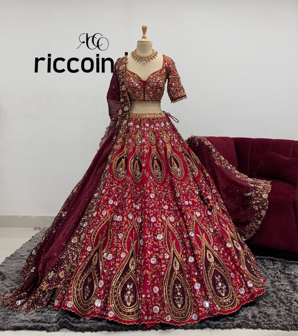 DARK MAROON PANEL EMB LEHENGA