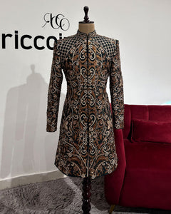 DARK GREEN SHERWANI WITH COPPER BEADING