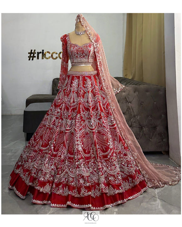 RED LEHENGA WITH CRYSTAL WORK