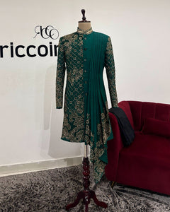 DARK GREEN DRAPED SHERWANI