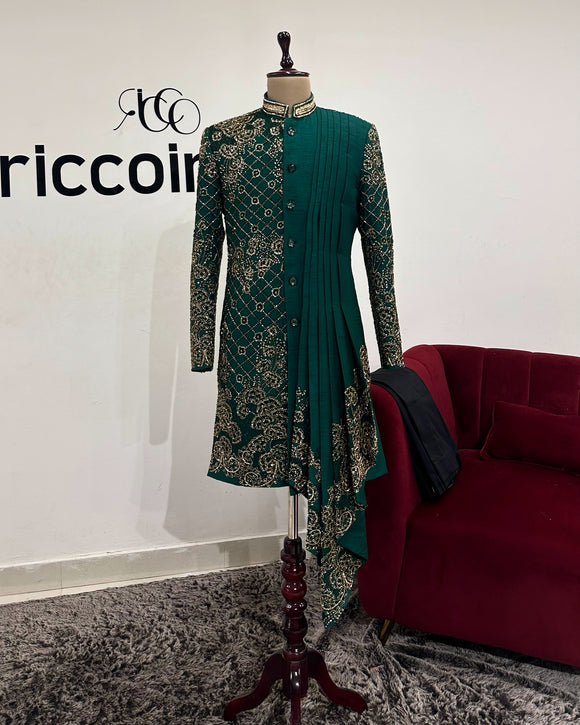 DARK GREEN DRAPED SHERWANI