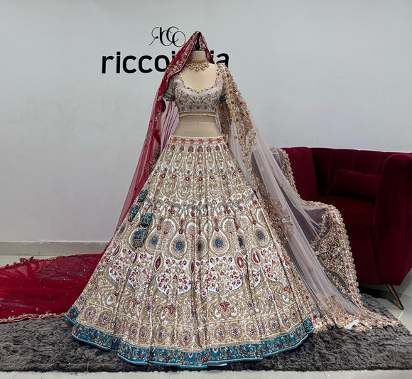WHITE BRIDAL LEHENGA WITH TURQUOISE & RED BEADS