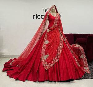 RED RAW SILK FLARED LEHENGA WITH 2 DUPATTAS