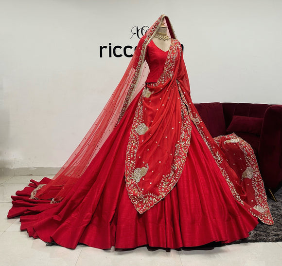 RED RAW SILK FLARED LEHENGA WITH 2 DUPATTAS