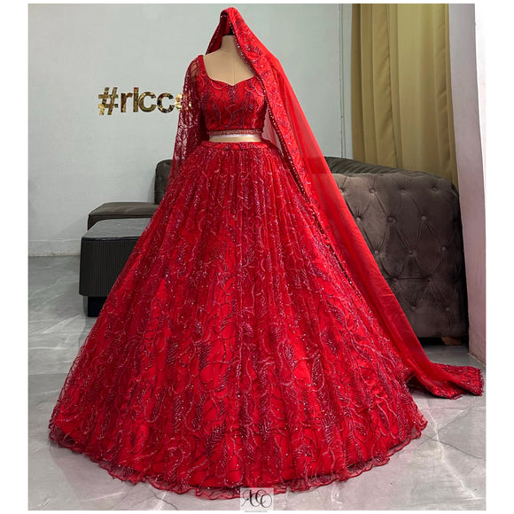 Red Tonal embroidery beaded Lehenga