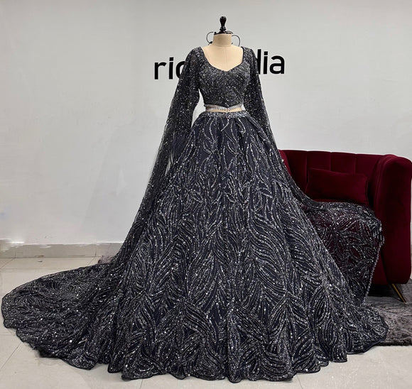 DARK GREY TRAIN LEHENGA WITH HEAVY BEADED CAPE