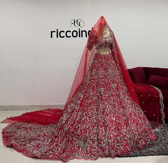 DARK RED TRAIN LEHENGA WITH VEIL