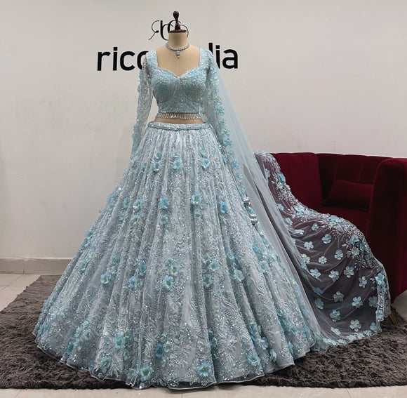 AQUA BLUE HAND MADE FLOWER LEHNGA
