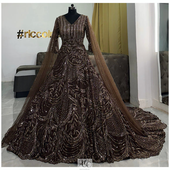 BROWN BEADED TRAIN GOWN WITH SHOULDER CAPES