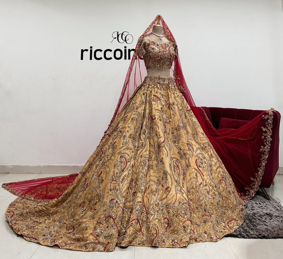 BALLGOWN STYLE GOLD LEHENGA WITH HEAVY BEADING & RED VEIL