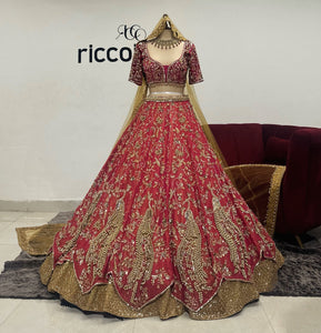 HOT PINK LAYERED LEHENGA WITH PEACOCK