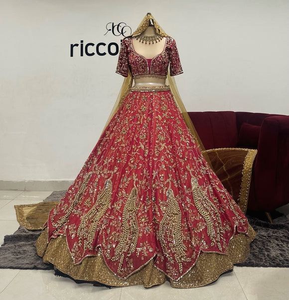 HOT PINK LAYERED LEHENGA WITH PEACOCK