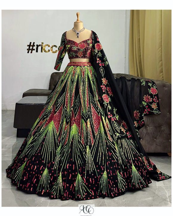 BLACK LEHENGA WITH NEON EMBROIDEREY Ricco India BLACK LEHENGA WITH NEON EMBROIDEREY Ricco India