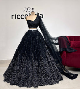 BLACK SILVER OMBRE BEADING LEHENGA