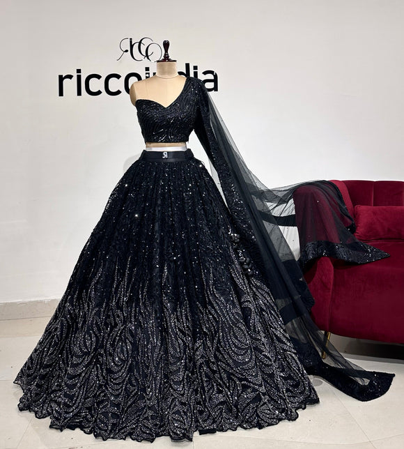 BLACK SILVER OMBRE BEADING LEHENGA