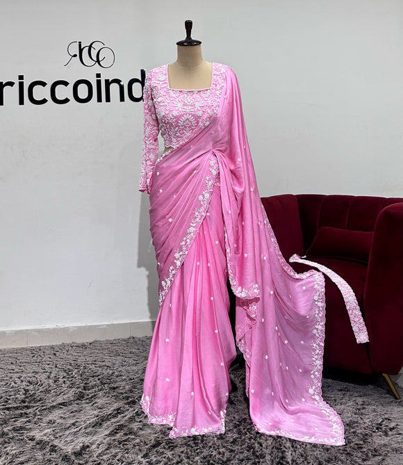 BARBIE PINK SAREE WITH WHITE BEADING