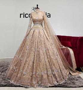 CHAMPAGNE GOLD FLARED LEHENGA WITH SILVER & GOLD WORK Ricco India CHAMPAGNE GOLD FLARED LEHENGA WITH SILVER & GOLD WORK Ricco India