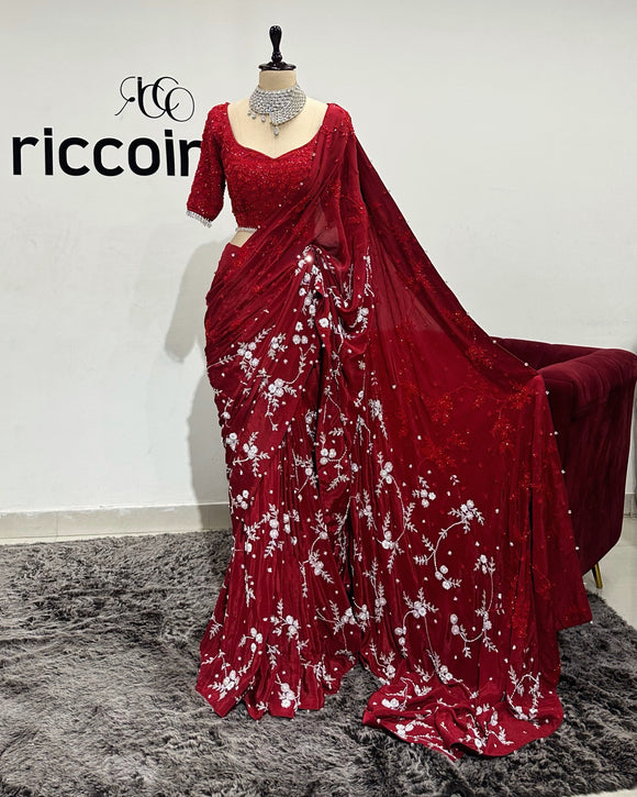 DARK RED SAREE WITH OMBRE EMBROIDERY
