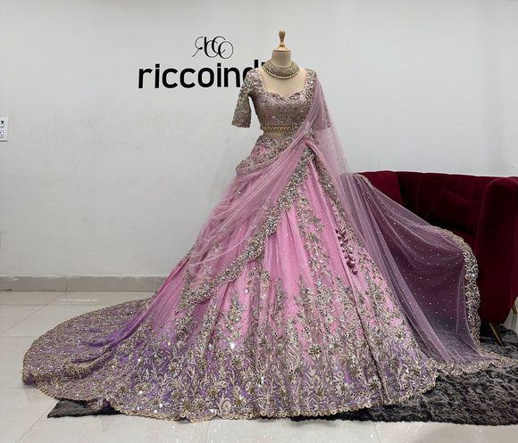 OMBRE PINK TO PURPLE TRAIN LEHENGA