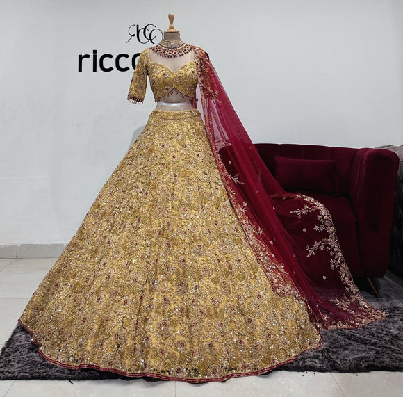 GOLD LACE EMBROIDERY LEHENGA WITH CONTRASTING RED DUPATTA GOLD LACE EMBROIDERY LEHENGA WITH CONTRASTING RED DUPATTA
